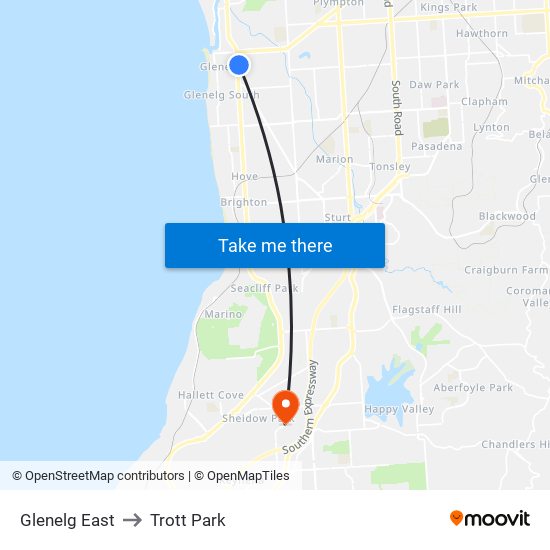 Glenelg East to Trott Park map