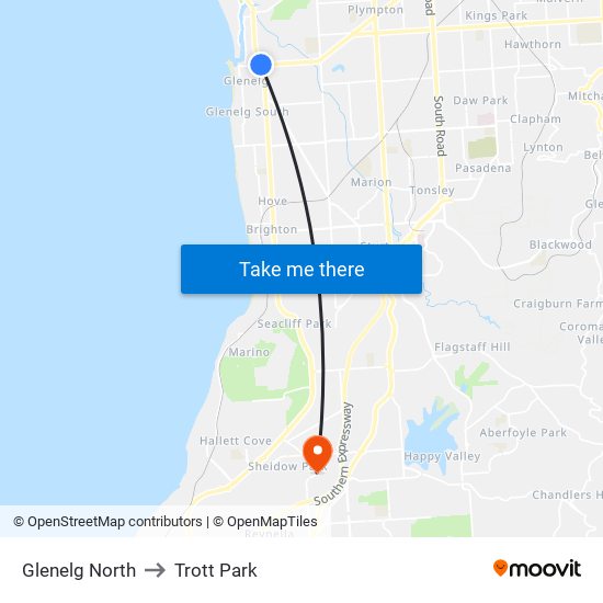 Glenelg North to Trott Park map