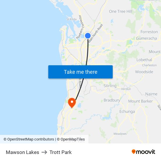 Mawson Lakes to Trott Park map
