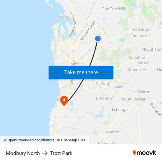 Modbury North to Trott Park map