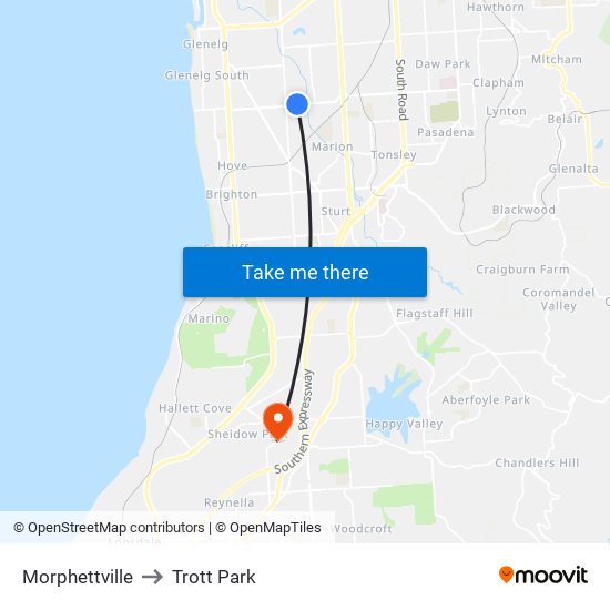 Morphettville to Trott Park map