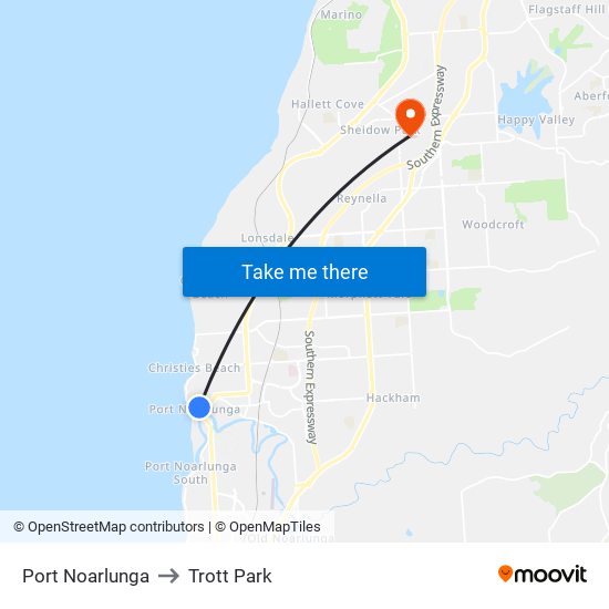 Port Noarlunga to Trott Park map