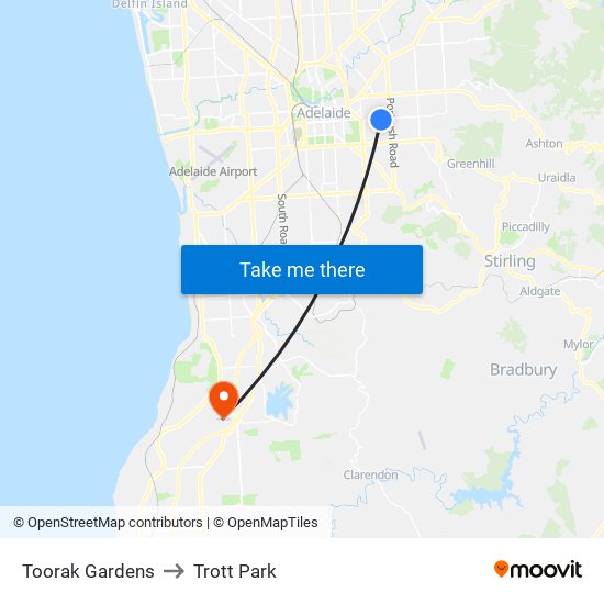 Toorak Gardens to Trott Park map