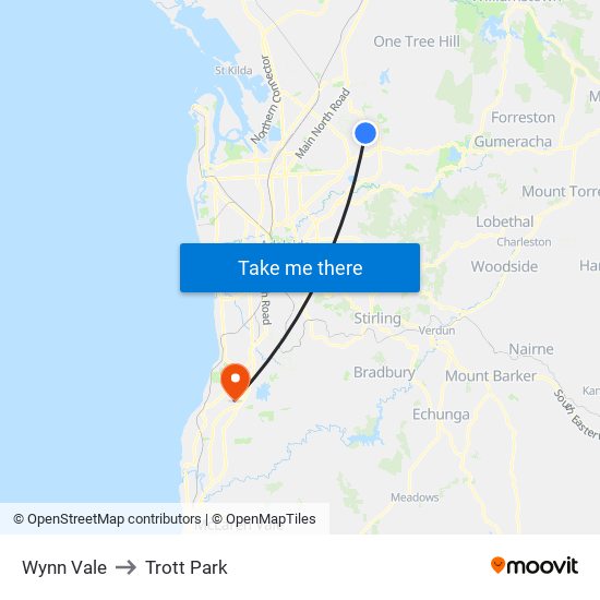 Wynn Vale to Trott Park map