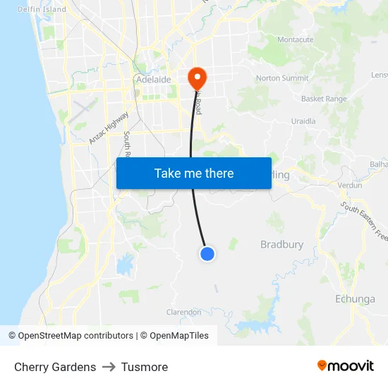 Cherry Gardens to Tusmore map