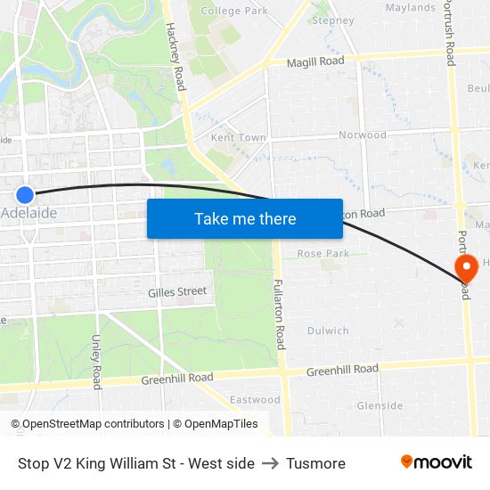 Stop V2 King William St - West side to Tusmore map