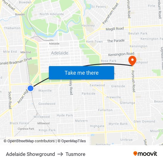 Adelaide Showground to Tusmore map