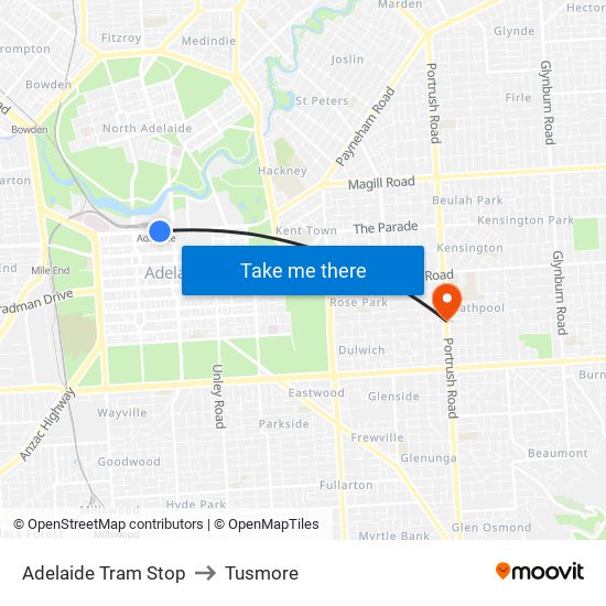 Adelaide Tram Stop to Tusmore map