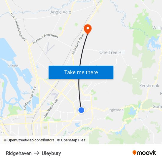 Ridgehaven to Uleybury map