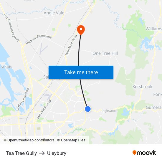 Tea Tree Gully to Uleybury map