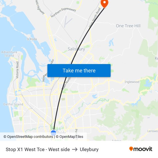 Stop X1 West Tce - West side to Uleybury map