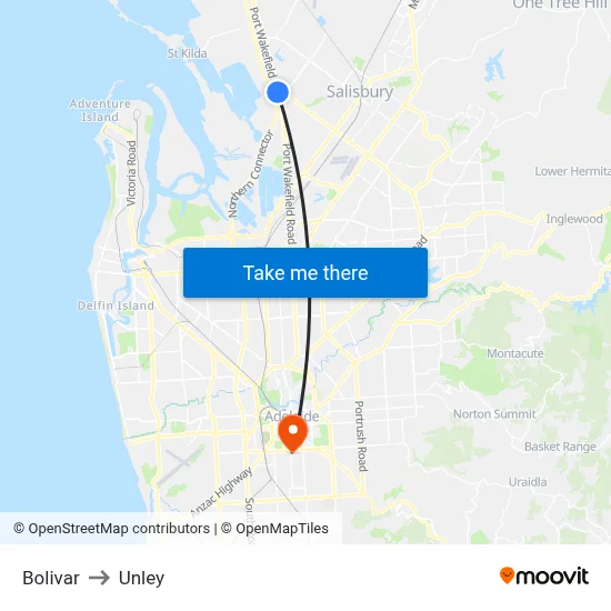 Bolivar to Unley map