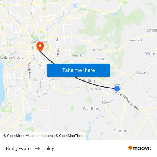 Bridgewater to Unley map