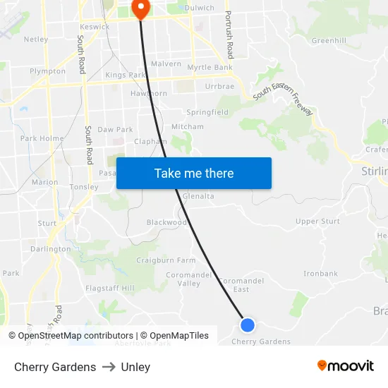 Cherry Gardens to Unley map