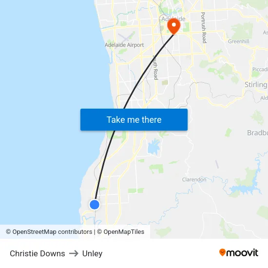 Christie Downs to Unley map