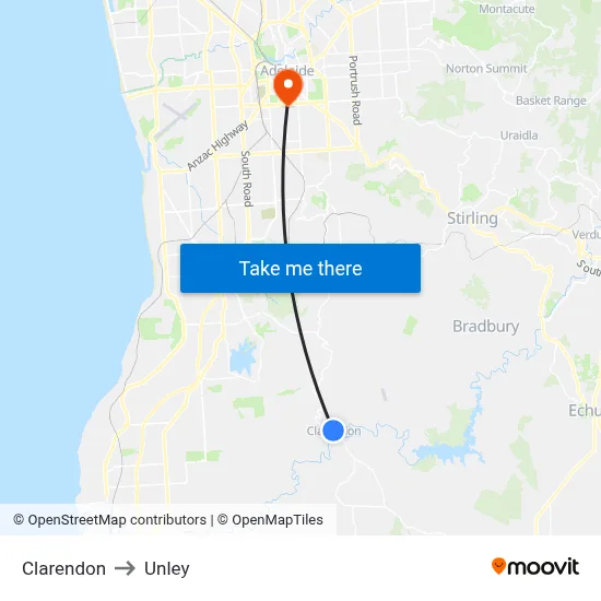 Clarendon to Unley map