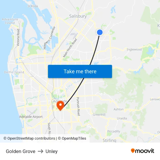 Golden Grove to Unley map