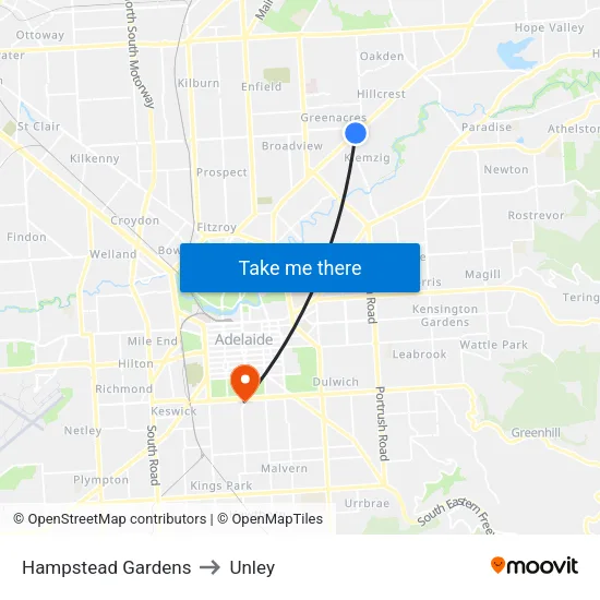 Hampstead Gardens to Unley map