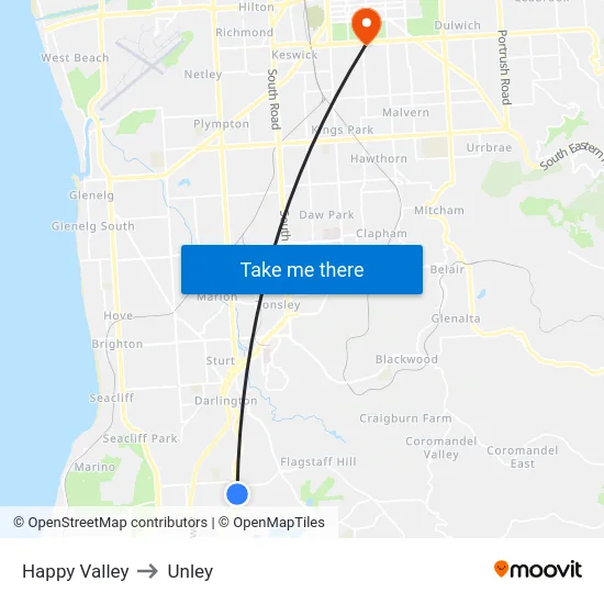 Happy Valley to Unley map