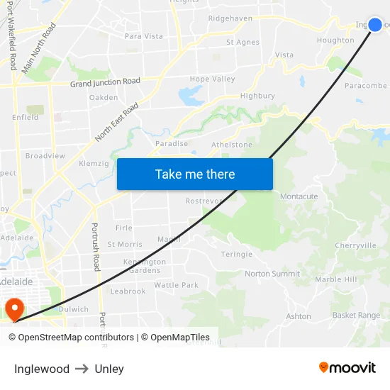 Inglewood to Unley map
