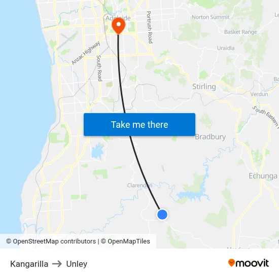 Kangarilla to Unley map