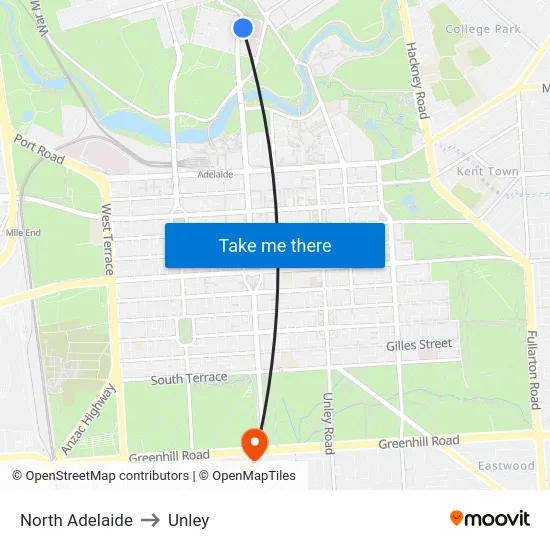 North Adelaide to Unley map