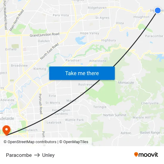 Paracombe to Unley map