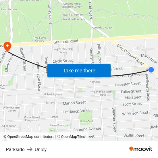 Parkside to Unley map