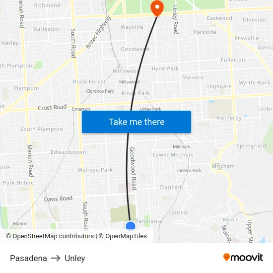 Pasadena to Unley map