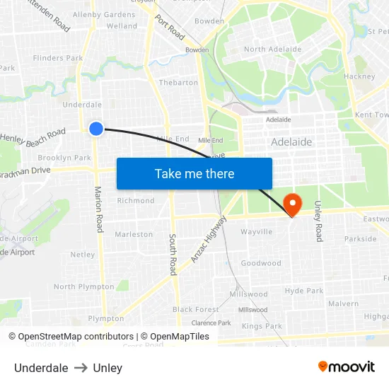 Underdale to Unley map