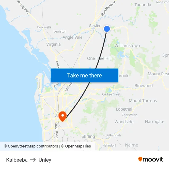 Kalbeeba to Unley map