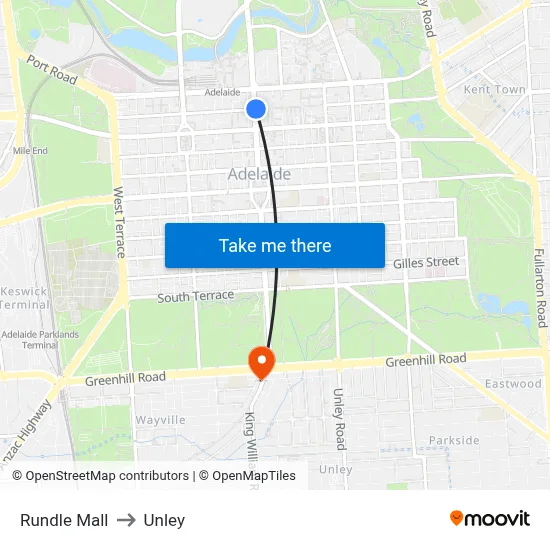 Rundle Mall to Unley map