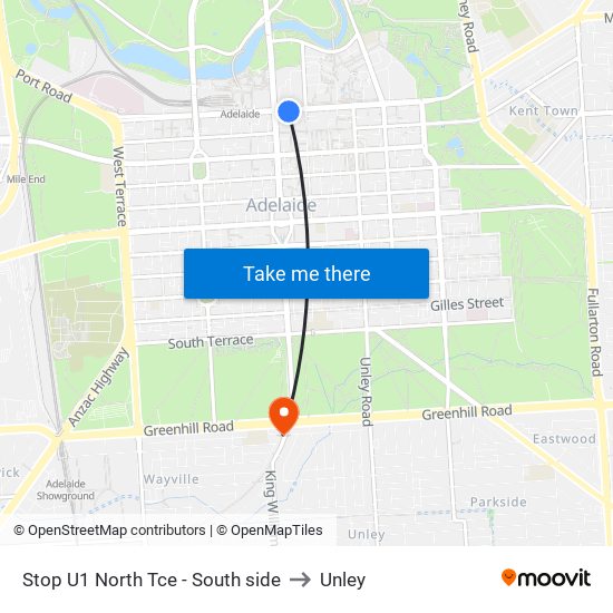 Stop U1 North Tce - South side to Unley map