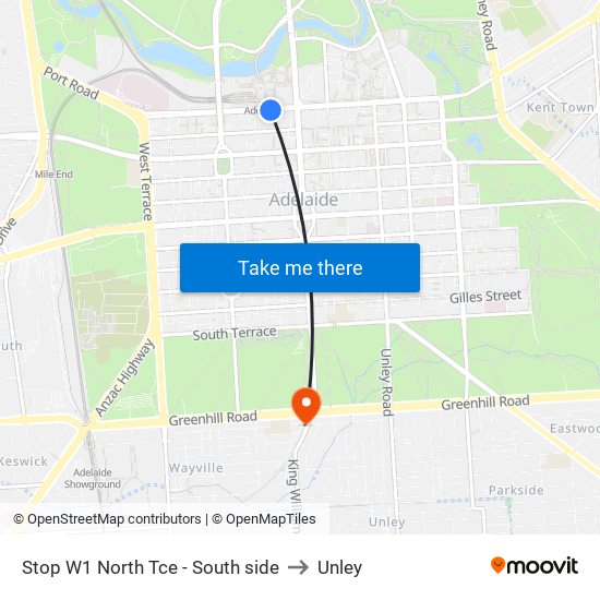 Stop W1 North Tce - South side to Unley map