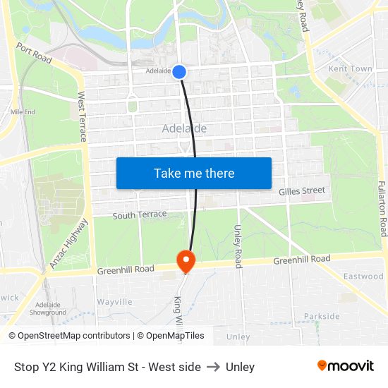 Stop Y2 King William St - West side to Unley map