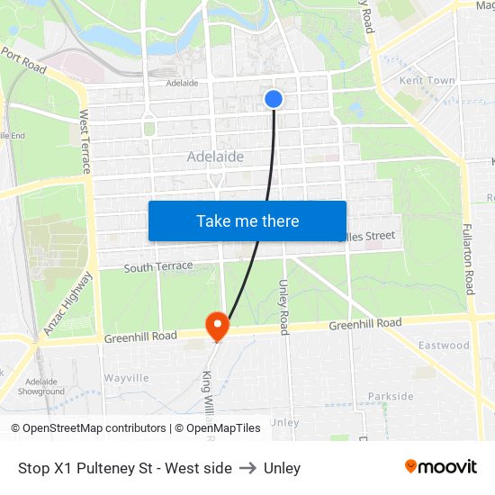 Stop X1 Pulteney St - West side to Unley map