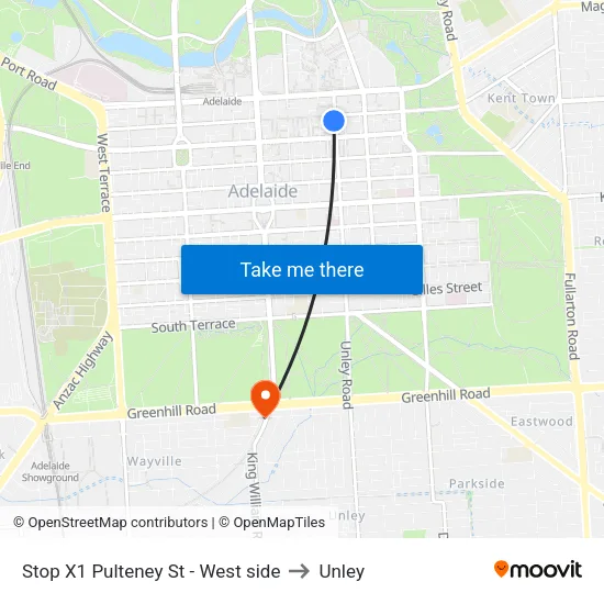 Stop X1 Pulteney St - West side to Unley map