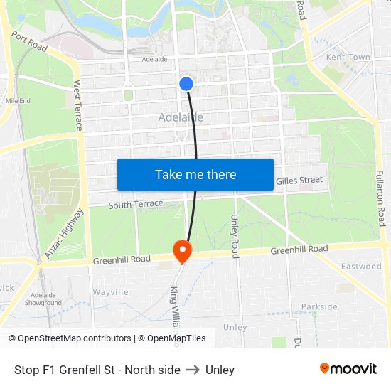 Stop F1 Grenfell St - North side to Unley map