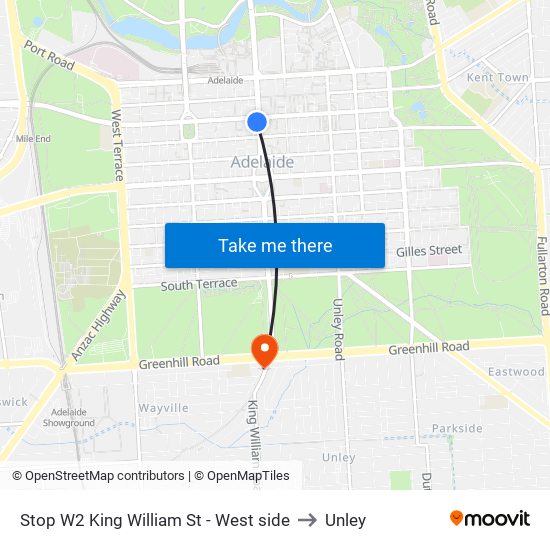 Stop W2 King William St - West side to Unley map