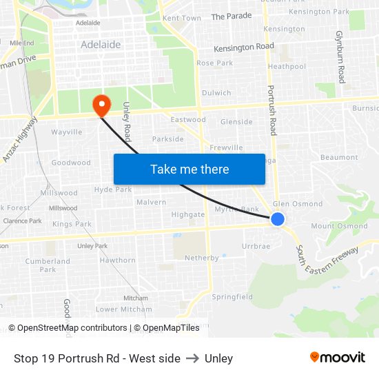 Stop 19 Portrush Rd - West side to Unley map