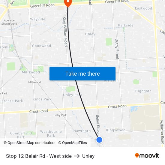 Stop 12 Belair Rd - West side to Unley map