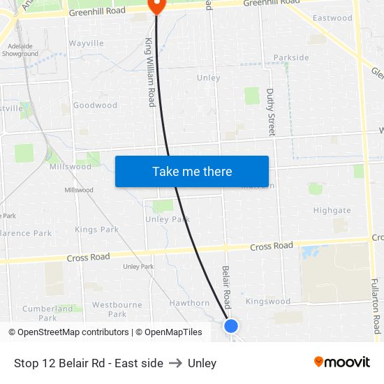 Stop 12 Belair Rd - East side to Unley map