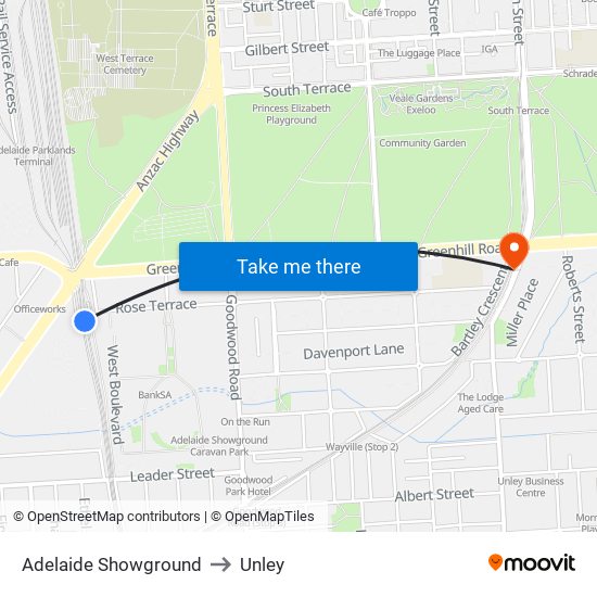 Adelaide Showground to Unley map