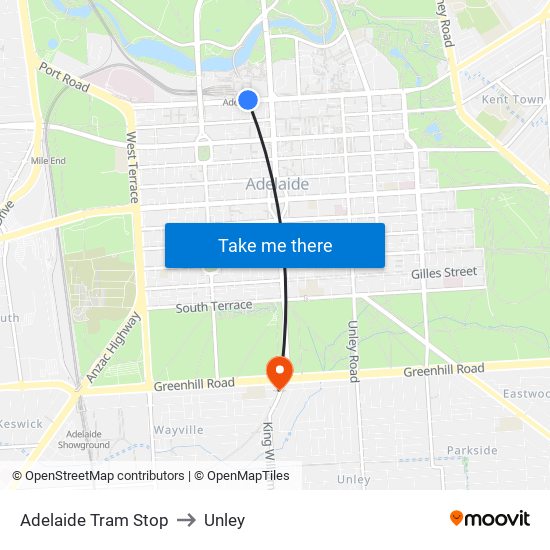 Adelaide Tram Stop to Unley map