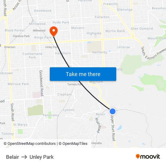 Belair to Unley Park map