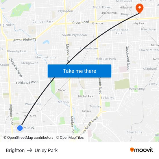 Brighton to Unley Park map