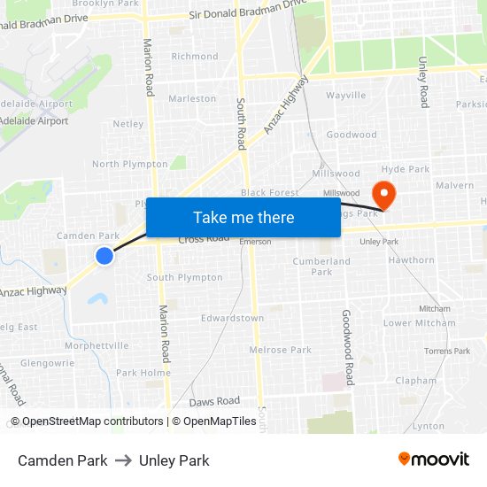 Camden Park to Unley Park map