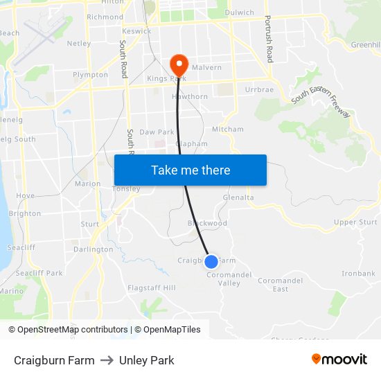 Craigburn Farm to Unley Park map