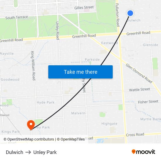 Dulwich to Unley Park map