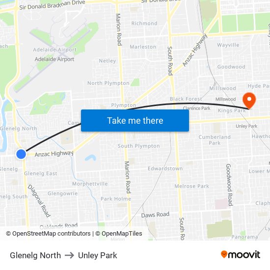 Glenelg North to Unley Park map